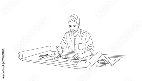 Young architect drawing blueprint on paper with ruler and triangle 