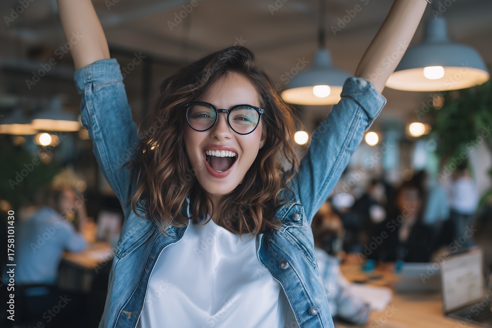 Fototapeta premium Excited young woman with glasses raises her arms, celebrating achievement in office setting. Concept for business success, professional development and team collaboration