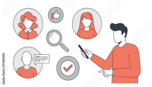 Man analyzing customer profiles with magnifying glass and social media icons, representing market research and customer segmentation 