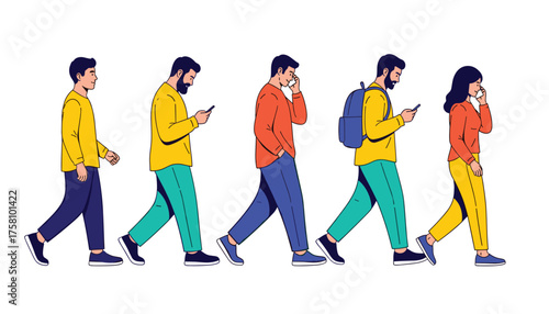 A line of diverse people walking in the same direction, each engrossed in their mobile phones 