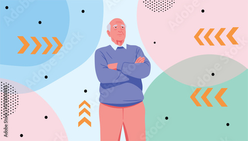 Elderly man standing with arms crossed, surrounded by abstract shapes and directional arrows, representing decision making and contemplation 