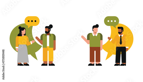 Two pairs of people having conversations, represented by speech bubbles 