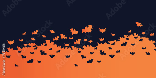 Halloween background illustration of a swarm of bat silhouettes against a dark blue and orange gradient background. Copy space. Concept of Halloween theme design, invitation, or wallpaper