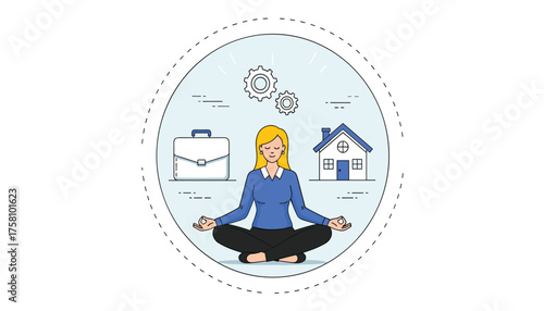 Woman meditating in lotus position, balancing work and home life 