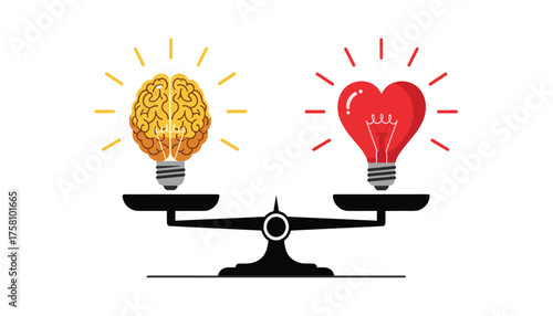 Balance between brain and heart lightbulbs on a scale, symbolizing the choice between logic and emotion 