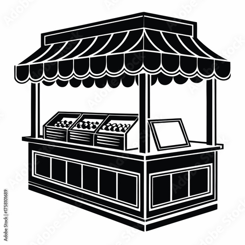 Vector art of black and white illustration of a market stall with produce displayed in crates