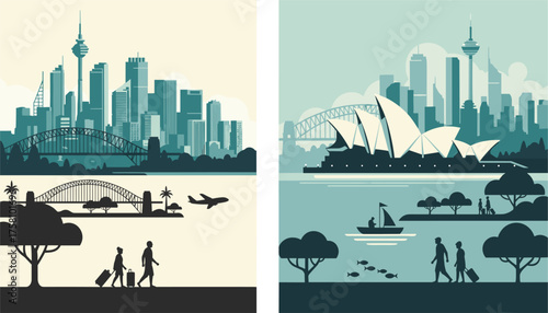 Split image showing two city skylines, one with an opera house and bridge, the other with a modern cityscape and airplane, symbolizing travel and urban destinations 