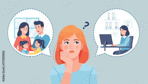 Woman contemplating between family life and career, symbolizing worklife balance dilemma and life choices 