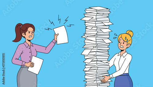 Two women overwhelmed by a huge stack of paperwork, one holding a document in frustration 