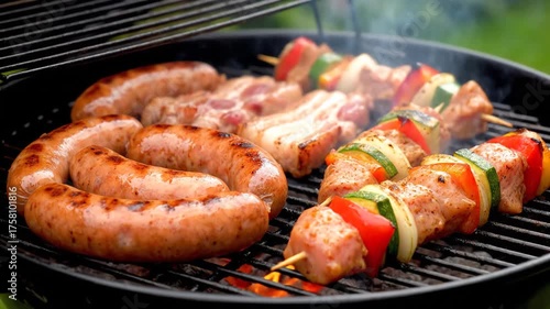 Delicious BBQ Feast Grilling Sausages and Kebabs Outdoors.