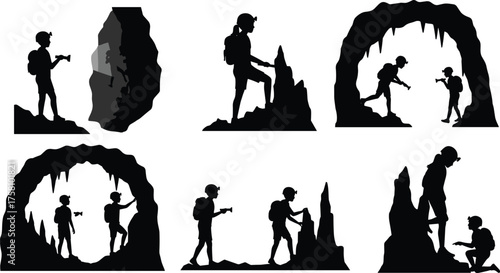 Cave exploration silhouette, adventure in darkness, spelunking teamwork, underground journey, flashlight navigation, rocky terrain, helmet safety, black and white illustration