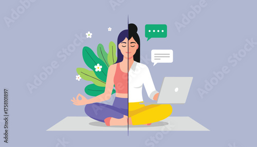 Woman meditating on one side and working on laptop on the other, symbolizing worklife balance and mindfulness 
