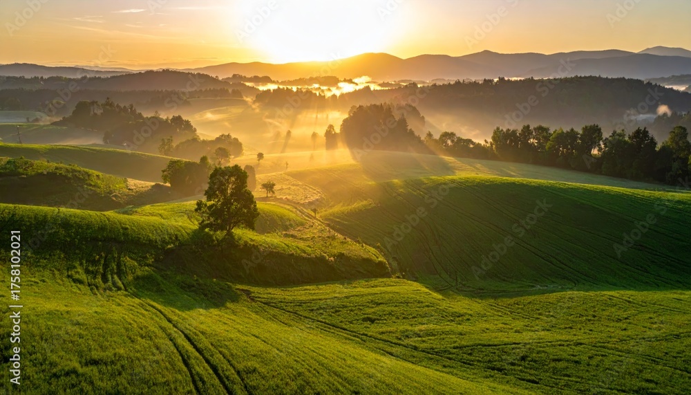 Fototapeta premium panorama of a beautiful, ecological farmland at sunrise. Waved, green field, forest and morning fog