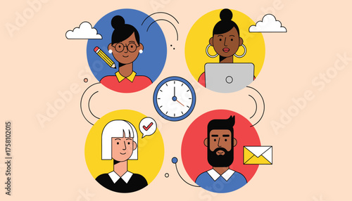 Diverse team collaborating remotely with a clock in the center, symbolizing teamwork and time management for business projects