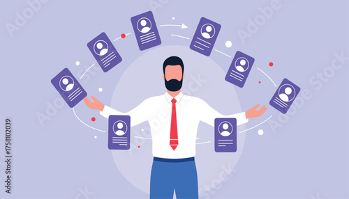Man juggling multiple candidate profiles, representing recruitment, hiring, and human resources management