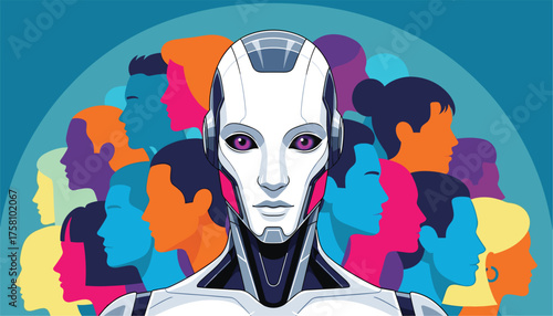 A futuristic robot stands prominently in front of a diverse crowd of colorful human silhouettes, symbolizing ai integration with society
