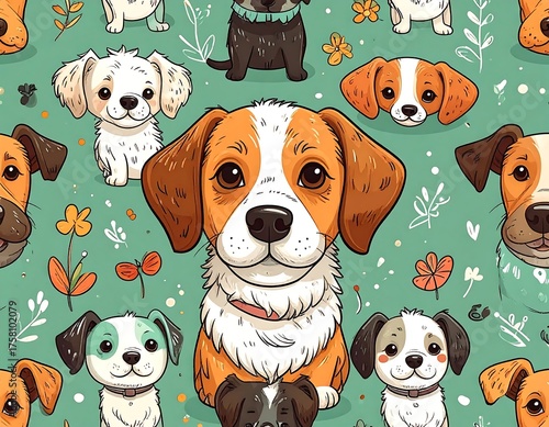 Playful illustration of various adorable dog breeds on a patterned background