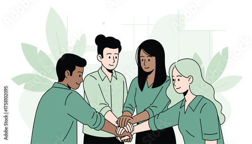 Diverse group of four people with hands stacked in the center, symbolizing teamwork and unity