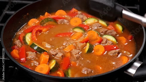 Delicious Beef and Vegetable Stir Fry Cooking in a Pan.