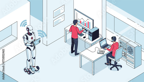 Futuristic robot with tablet communicating wirelessly with people in a modern office setting, symbolizing ai integration and smart technology