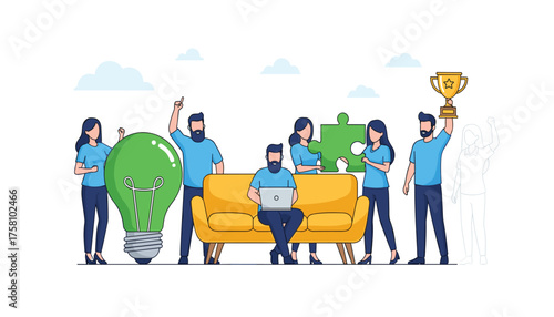 Team celebrating success with a giant lightbulb and trophy