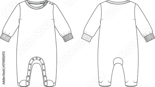 Baby onesie technical flat sketch, front and back view, round neckline ribbed collar long sleeves ribbed cuffs snap button inseam closure illustration