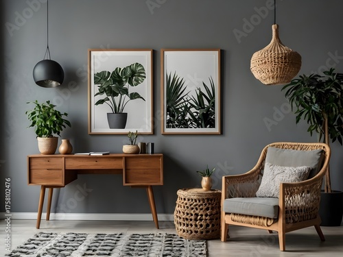 Design home interior of living room with stylish chair and wooden desk, plants, flowers, table lamp, mock up poster frame, macrame and elegant accessories. Stylish home decor. Template. Gray walls. 