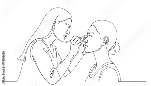 Continuous line drawing of a makeup artist applying eyeshadow to a client