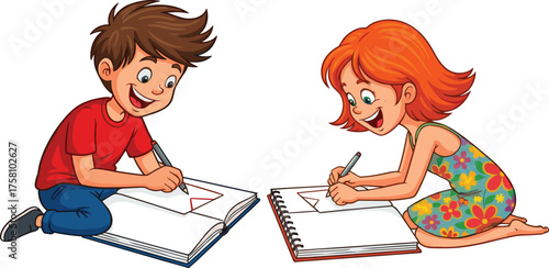 Children drawing geometric shapes, triangle sketch, creative kids, learning activity, colorful dress, red shirt, education, art, school, floor sitting