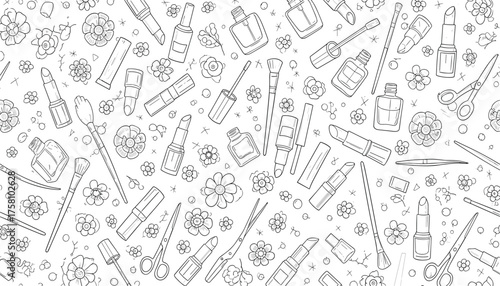 Seamless pattern of handdrawn makeup and cosmetic items, including lipsticks, nail polish, brushes, and scissors