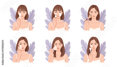 Set of six illustrations showing a woman applying facial cream or serum to her face