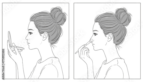 Woman applying makeup, looking in compact mirror and using brush, line art illustration