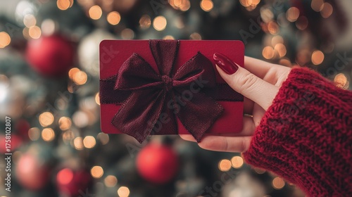 Female hand in red sweater holds red gift card with bow in front of blurred Christmas tree, concept for holiday promotions, seasonal discounts and festive gift-giving occasions