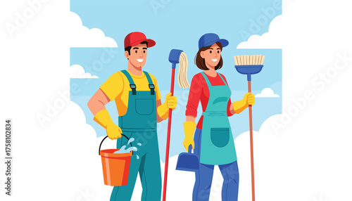 Two professional cleaners, a man and a woman, standing with cleaning supplies