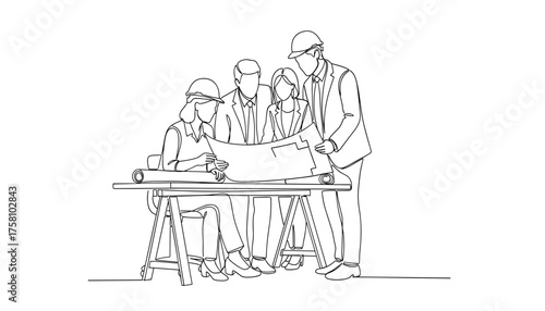 Architects and engineers collaborating on blueprints at a table