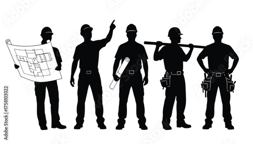 Group of construction workers in silhouette holding blueprints and tools