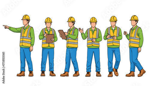 Construction worker in safety vest and hard hat, , showing various poses and actions like pointing, holding clipboard, writing, and gesturing