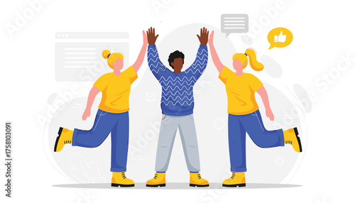 Three diverse people celebrating success with high fives