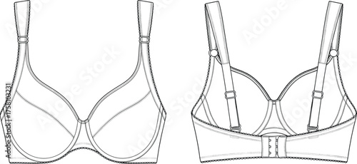 Bra flat sketch, lingerie technical drawing, molded cup underwire design, adjustable straps, hook and eye closure, intimate apparel template, fashion clothing vector illustration