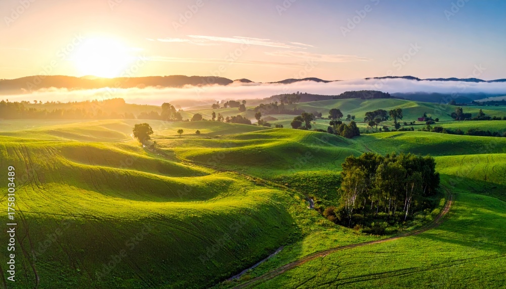 Fototapeta premium panorama of a beautiful, ecological farmland at sunrise. Waved, green field, forest and morning fog