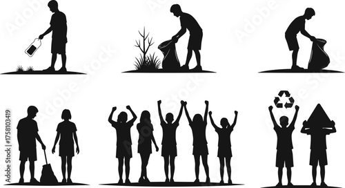 Environmental cleanup silhouette, recycling teamwork, trash collection, sustainability concept, black figure art, eco-friendly activity, community care, nature protection, green theme