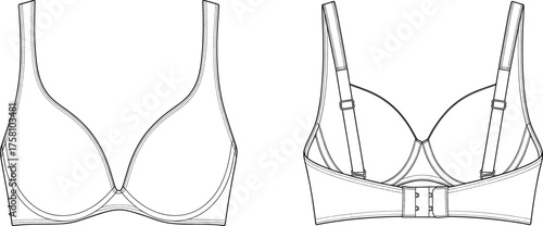 Bra flat sketch, lingerie technical drawing, molded cup underwire design, adjustable straps, hook and eye closure, intimate apparel template, women fashion clothing vector illustration