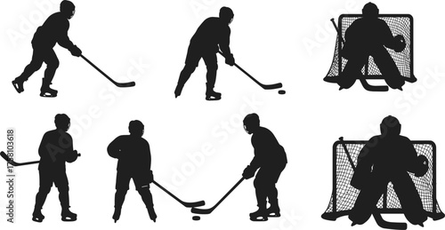 Ice hockey silhouettes, goalie action, puck control, skating pose, black figures, winter sport, dynamic movement, stick handling, net defense, teamwork