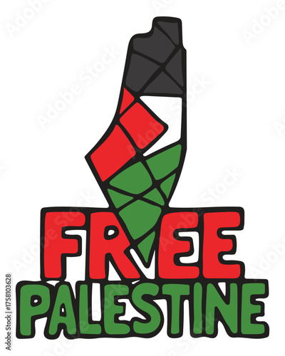 Geometric Map of Palestine with Flag Colors and Bold 'Free Palestine' Text – Ideal for Political Awareness Campaign Assets and Cultural-Themed Editorial Illustrations