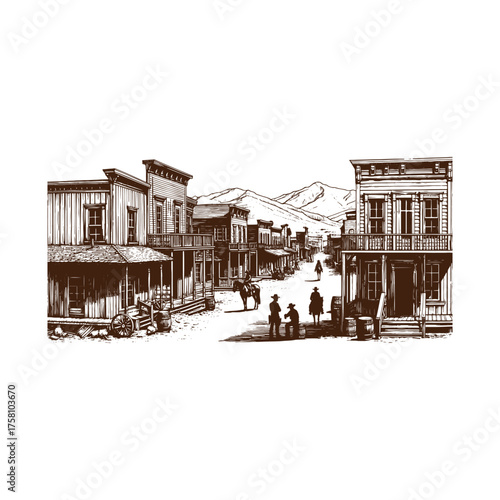 
Traceable Old Western Frontier Town Main Street Line Art