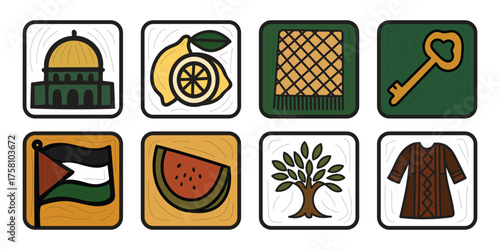 "Set of Eight Palestinian Cultural Icons in Stylized Squares – Ideal for Educational Infographics and Heritage-Themed Digital Sticker Collections
