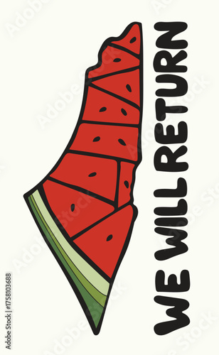 Segmented Watermelon Map of Palestine with 'We Will Return' Text – Ideal for Awareness-Focused Social Media Graphics and Symbolic Cultural Merchandise Designs