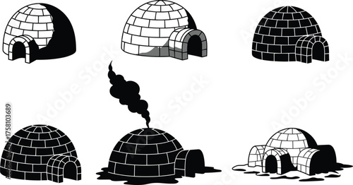 Igloo transformation stages, melting ice dome, climate change concept, snow shelter, environmental impact, black liquid, smoke, collapse, winter structure, decay