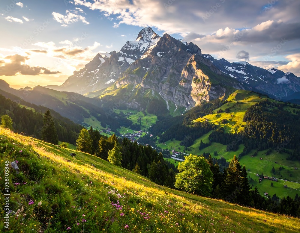 Obraz premium Majestic Mountain Peak at Sunset in the Swiss Alps.