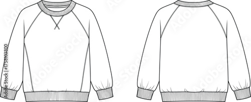 Crewneck sweatshirt flat sketch, raglan sleeve design, ribbed neckline cuffs hem, fashion technical drawing, apparel template, clothing vector illustration, casual wear